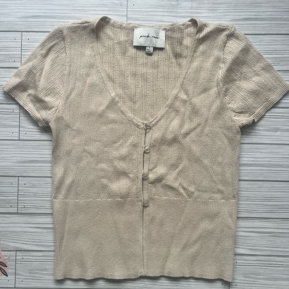 Pink Rose Beige Button-Up Women's Top, fitted top, Neutral, minimalist